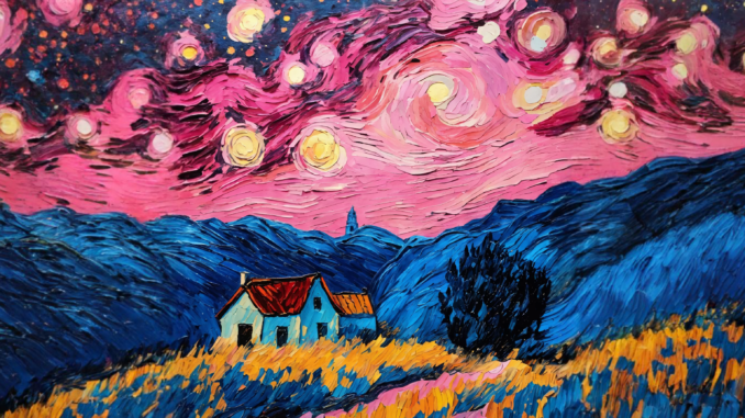 Image générée par l’Intelligence Artificielle Dall-E. Prompt : «Un paysage étoilé à la manière de Van Gogh, avec des couleurs roses »